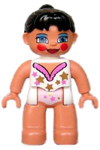 Duplo Female Tightrope Walker - Female Duplo Figure in Lego Ville attire with light nougat legs, white top with stars, black ponytail hair, and blue eyes - 47394pb111