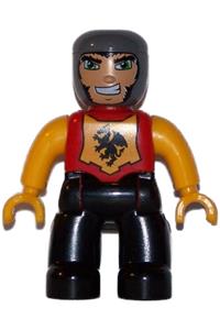 Duplo Male Knight - A male Duplo Figure from Lego Ville with black legs, a red chest featuring a dragon emblem, bright light orange arms and hands, and a lefty smile - 47394pb112