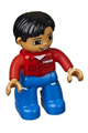 Duplo Figure Lego Ville, Male, Blue Legs, Red Shirt with Pockets and Name Tag, Black Hair, Brown Eyes, Nougat Hands - 47394pb113