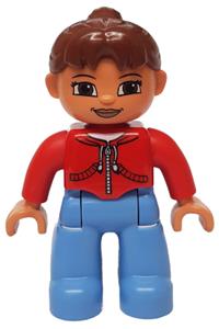 Duplo Figure Lego Ville, Female, Medium Blue Legs, Red Jacket with Black Zipper and Pockets, Reddish Brown Ponytail Hair 47394pb114