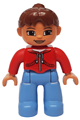Duplo Figure Lego Ville, Female, Medium Blue Legs, Red Jacket with Black Zipper and Pockets, Reddish Brown Ponytail Hair - 47394pb114