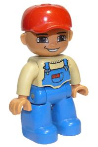 Duplo Figure Lego Ville, Male, Blue Legs, Tan Top with Blue Overalls, Red Baseball Cap 47394pb115