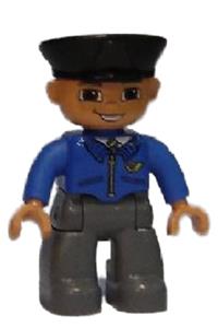 Duplo Male Post Office - Male Duplo Figure from Lego Ville, with dark bluish gray legs, wearing a blue jacket with mail horn, black police hat, and smiling with teeth - 47394pb117