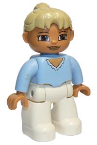Duplo Figure Lego Ville, Female, White Legs, Bright Light Blue Top, Tan Ponytail Hair, Brown Eyes 47394pb118