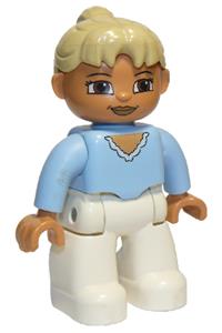 Duplo Female - A female Duplo Figure from Lego Ville with white legs, bright light blue top, tan ponytail hair, and brown eyes - 47394pb118