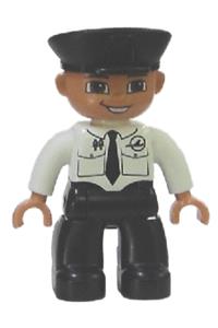 Duplo Figure Lego Ville, Male Pilot, Black Legs, White Top with Airplane Logo and Black Tie, Police Hat 47394pb120