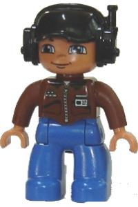 Duplo Figure Lego Ville, Male, Blue Legs, Brown Top with ID Badge, Black Cap with Headset 47394pb121