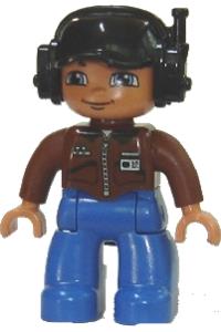Duplo Male - Male Lego Ville Duplo figure with blue legs, wearing a brown top with ID badge and a black cap with headset - 47394pb121