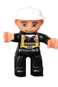 Duplo Male Firefighter - Male Duplo figure from Lego Ville, wearing black legs, nougat hands, a white helmet, and blue eyes - 47394pb122