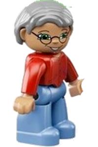 Duplo Grandma - Lego Ville Duplo figure: female with medium blue legs, wearing a red sweater, very light gray hair, blue eyes, and glasses - 47394pb123