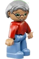 Duplo Figure Lego Ville, Female, Medium Blue Legs, Red Sweater, Very Light Gray Hair, Blue Eyes, Glasses - 47394pb123