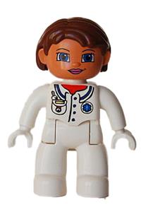 Duplo Figure Lego Ville, Female, Medic, White Legs, White Top with Pocket and EMT Star of Life Pattern, Reddish Brown Hair, Blue Eyes 47394pb124