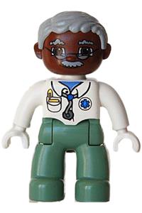 Duplo Male Medic - Male Duplo Figure Lego Ville medic with sand green legs, white top with stethoscope, light bluish gray hair, brown head, glasses, and moustache - 47394pb126