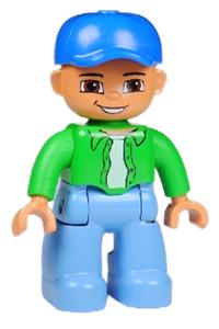 Duplo Figure Lego Ville, Male, Medium Blue Legs, Bright Green Top with White Undershirt, Blue Cap 47394pb127