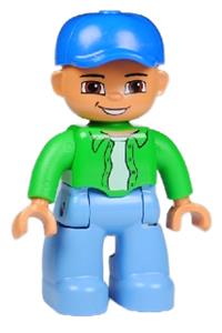 Duplo Male - Male Duplo Ville figure with medium blue legs, bright green top, white undershirt, and a blue cap - 47394pb127