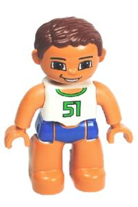 Duplo Male Swimmer - Male Duplo figure in blue swim trunks with white top featuring green '51' and reddish brown hair - 47394pb131