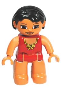 Duplo Figure Lego Ville, Female, Red Swimsuit with Yellow Bow, Black Hair 47394pb132