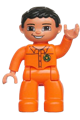 Male Duplo Figure from Lego Ville with orange legs, nougat hands, an orange top with a recycle logo, black hair, and brown eyes - 47394pb133