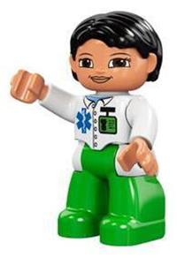 Duplo Female Medic - Female Duplo LEGO Ville figure dressed as a medic with bright green legs, white top featuring ID badge and EMT Star of Life, black hair, and brown eyes - 47394pb137
