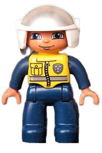 Duplo Male Police - Male police Duplo figure in Lego Ville with dark blue legs and jumpsuit, yellow vest, and white helmet - 47394pb138