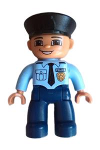 Duplo Figure Lego Ville, Male Police, Dark Blue Legs, Light Blue Top with Badge and Tie, Nougat Hands, Black Hat 47394pb141