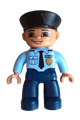 Duplo Figure Lego Ville, Male Police, Dark Blue Legs, Light Blue Top with Badge and Tie, Nougat Hands, Black Hat - 47394pb141