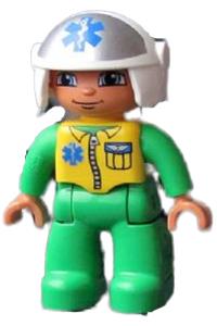 Duplo Male Medic - Male LEGO Ville Duplo figure in bright green legs and jumpsuit with a yellow vest, wearing a white helmet with EMT Star of Life pattern - 47394pb142
