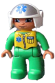Male LEGO Ville Duplo figure in bright green legs and jumpsuit with a yellow vest, wearing a white helmet with EMT Star of Life pattern - 47394pb142