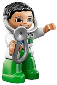 Duplo Figure Lego Ville, Male Medic, Bright Green Legs, White Top with ID Badge and EMT Star of Life Pattern, Attached Stethoscope 47394pb143