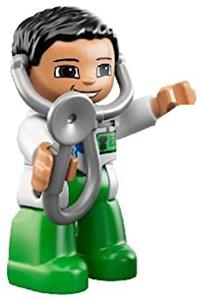 Duplo Male Medic - Male Duplo Ville figure dressed as a medic, with bright green legs, white top featuring ID badge, EMT Star of Life pattern, and attached stethoscope - 47394pb143