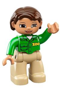Duplo Figure Lego Ville, Female, Tan Legs, Green Top with 'ZOO' on Front and Back, Reddish Brown Hair, Brown Eyes 47394pb144