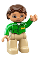 Duplo Figure Lego Ville, Female, Tan Legs, Green Top with 'ZOO' on Front and Back, Reddish Brown Hair, Brown Eyes - 47394pb144