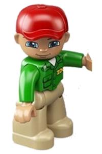 Duplo Male Zookeeper - Male Duplo figure with tan legs, wearing a green top with 'ZOO', red cap, and blue eyes - 47394pb145