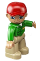Duplo Figure Lego Ville, Male, Tan Legs, Green Top with 'ZOO' on Front and Back, Red Cap, Blue Eyes - 47394pb145