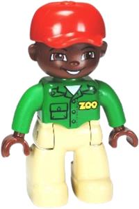 Duplo Male Zookeeper - Male Duplo Figure from Lego Ville with tan legs, green 'ZOO' top, brown head, red cap, and brown eyes - 47394pb146