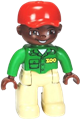 Male Duplo Figure from Lego Ville with tan legs, green 'ZOO' top, brown head, red cap, and brown eyes - 47394pb146
