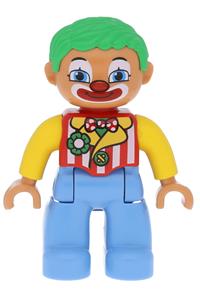 Duplo Male Clown - Lego Ville Duplo figure, male clown with green hair, wearing striped jacket, bow tie, and medium blue legs - 47394pb151