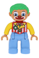 Duplo Figure Lego Ville, Male Clown, Medium Blue Legs, Striped Jacket, Bow Tie, Green Hair - 47394pb151