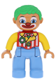 Lego Ville Duplo figure, male clown with green hair, wearing striped jacket, bow tie, and medium blue legs - 47394pb151