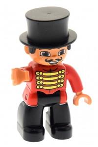 Duplo Figure Lego Ville, Male Circus Ringmaster, Black Legs, Red Top with Gold Braid, Top Hat, Brown Eyes 47394pb152