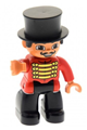 Duplo Figure Lego Ville, Male Circus Ringmaster, Black Legs, Red Top with Gold Braid, Top Hat, Brown Eyes - 47394pb152