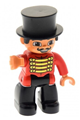 Lego Ville Duplo figure, a male circus ringmaster with black legs, red top with gold braid, top hat, and brown eyes - 47394pb152