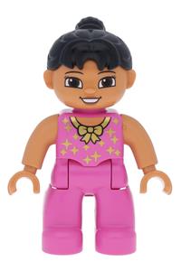 Duplo Female Tightrope Walker - Female Duplo figure in Lego Ville attire, with dark pink legs and top, gold bow and stars, black ponytail hair, and brown eyes - 47394pb153