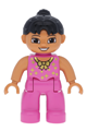 Female Duplo figure in Lego Ville attire, with dark pink legs and top, gold bow and stars, black ponytail hair, and brown eyes - 47394pb153