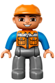 Duplo Figure Lego Ville, Male, Dark Bluish Gray Legs, Orange Vest with Zipper and Pockets, Orange Construction Helmet, Semicircular Eyes - 47394pb156