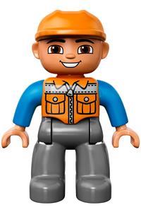 Duplo Male Construction Worker - Male Duplo figure with dark bluish gray legs wearing an orange vest with zipper, an orange construction helmet, and oval eyes - 47394pb156a