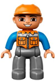 Duplo Figure Lego Ville, Male, Dark Bluish Gray Legs, Orange Vest with Zipper and Pockets, Orange Construction Helmet, Oval Eyes - 47394pb156a