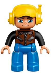 Duplo Figure Lego Ville, Male, Blue Legs, Brown Vest with Zipper and Zippered Pockets, Yellow Cap with Headset 47394pb157
