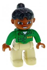 Duplo Figure Lego Ville, Female, Tan Legs, Green Top with 'ZOO' on Front and Back, Black Ponytail Hair, Brown Head 47394pb158