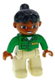 Duplo Figure Lego Ville, Female, Tan Legs, Green Top with 'ZOO' on Front and Back, Black Ponytail Hair, Brown Head - 47394pb158